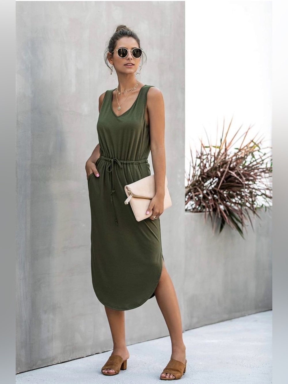 Women's Olive Drawstring Waist Sleeveless Dress